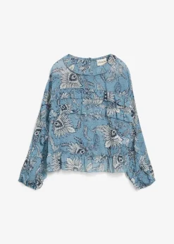 bonprix Nachhaltigere Materialien|Blusen & Tuniken^Chiffonbluse mit Rüschen hellblau/wellenblau/wollweiß bedruckt