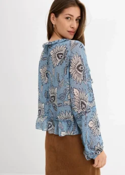 bonprix Nachhaltigere Materialien|Blusen & Tuniken^Chiffonbluse mit Rüschen hellblau/wellenblau/wollweiß bedruckt