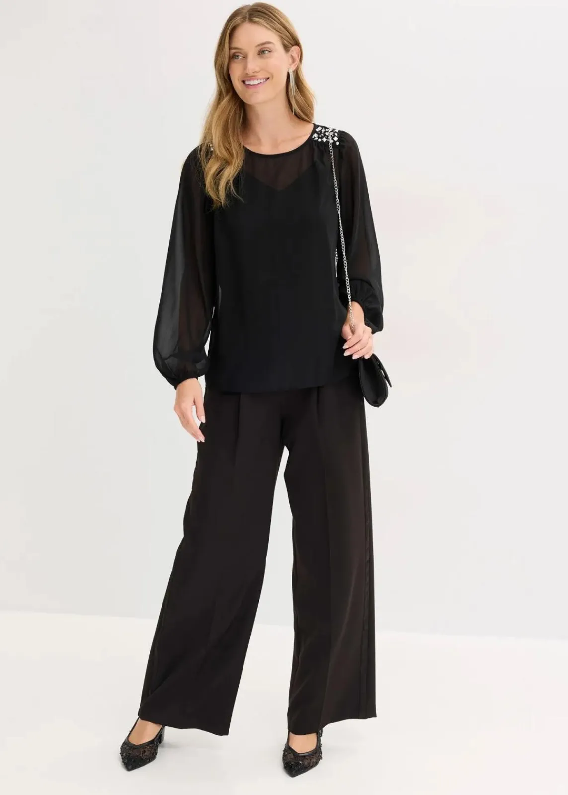 bonprix Bekleidung·Jacken & Mäntel|Festliche Mode^Chiffonbluse mit Strasssteinverzierung schwarz