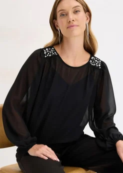 bonprix Bekleidung·Jacken & Mäntel|Festliche Mode^Chiffonbluse mit Strasssteinverzierung schwarz