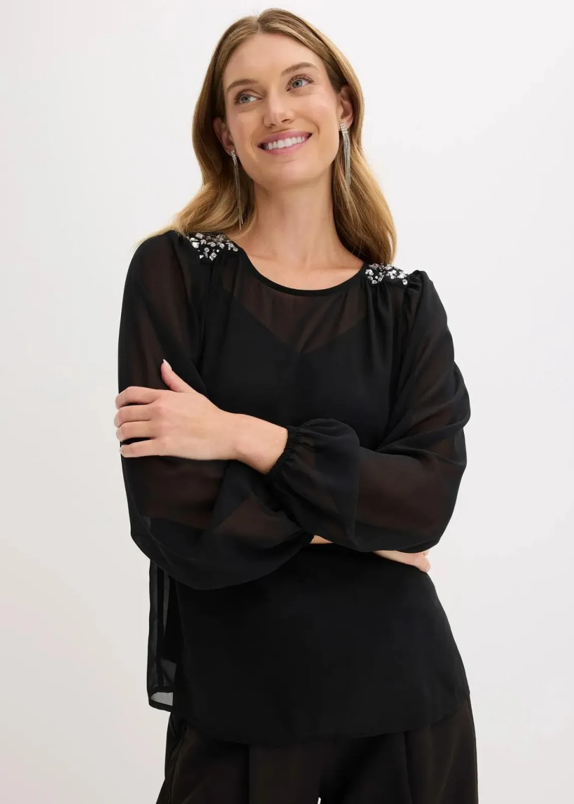 bonprix Bekleidung·Jacken & Mäntel|Festliche Mode^Chiffonbluse mit Strasssteinverzierung schwarz
