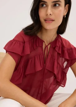bonprix Bekleidung·Jacken & Mäntel|Blusen & Tuniken^Chiffonbluse mit Volants pflaumenrot