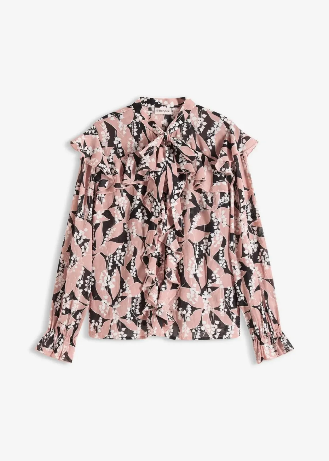 bonprix Bekleidung·Jacken & Mäntel|Blusen & Tuniken^Chiffonbluse mit Volants schwarz/rosenholz floral