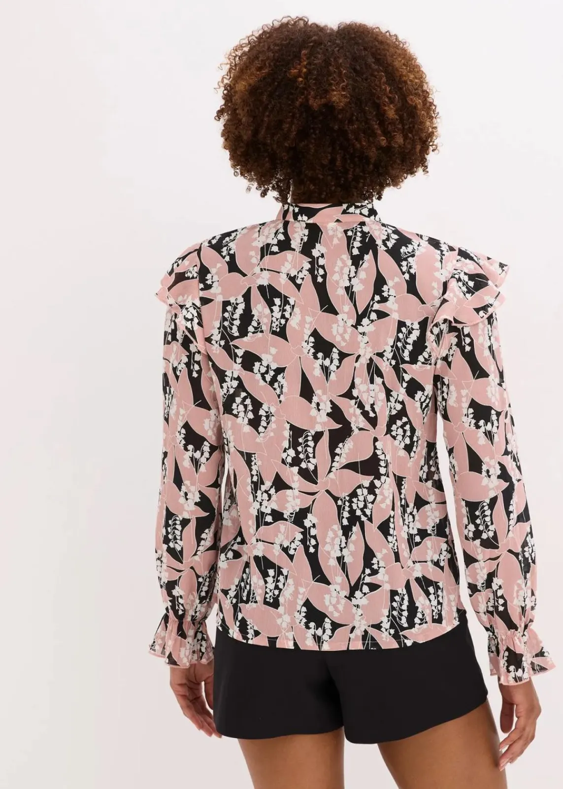 bonprix Bekleidung·Jacken & Mäntel|Blusen & Tuniken^Chiffonbluse mit Volants schwarz/rosenholz floral