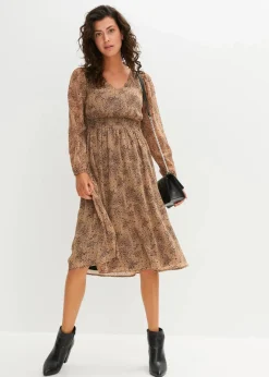 bonprix Bekleidung·Pullover & Strickjacken|Kleider^Chiffonkleid camel/schwarz leo bedruckt