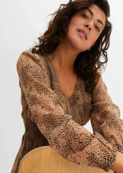 bonprix Bekleidung·Pullover & Strickjacken|Kleider^Chiffonkleid camel/schwarz leo bedruckt