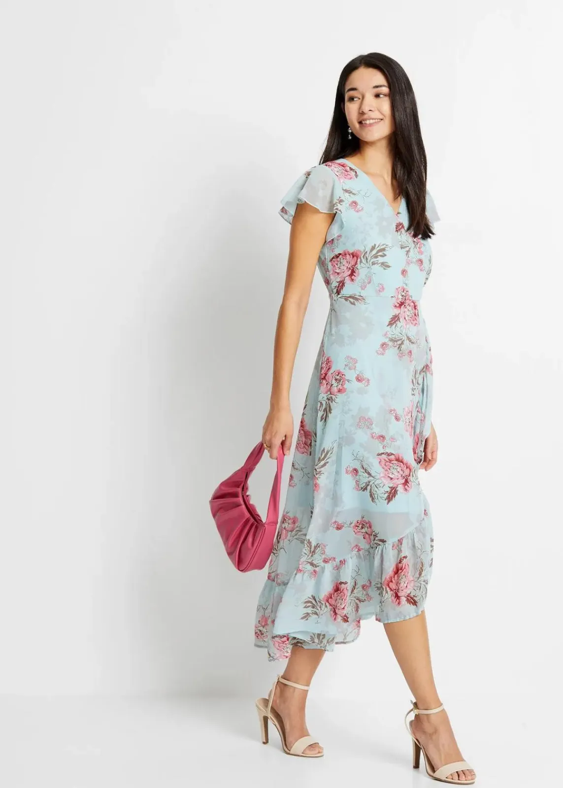 bonprix Bekleidung·Pullover & Strickjacken|Kleider^Chiffonkleid hellblau geblümt