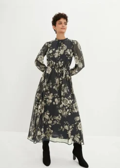 bonprix Bekleidung·Pullover & Strickjacken|Kleider^Chiffonkleid schwarz/mattschilf geblümt