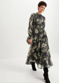 bonprix Bekleidung·Pullover & Strickjacken|Kleider^Chiffonkleid schwarz/mattschilf geblümt