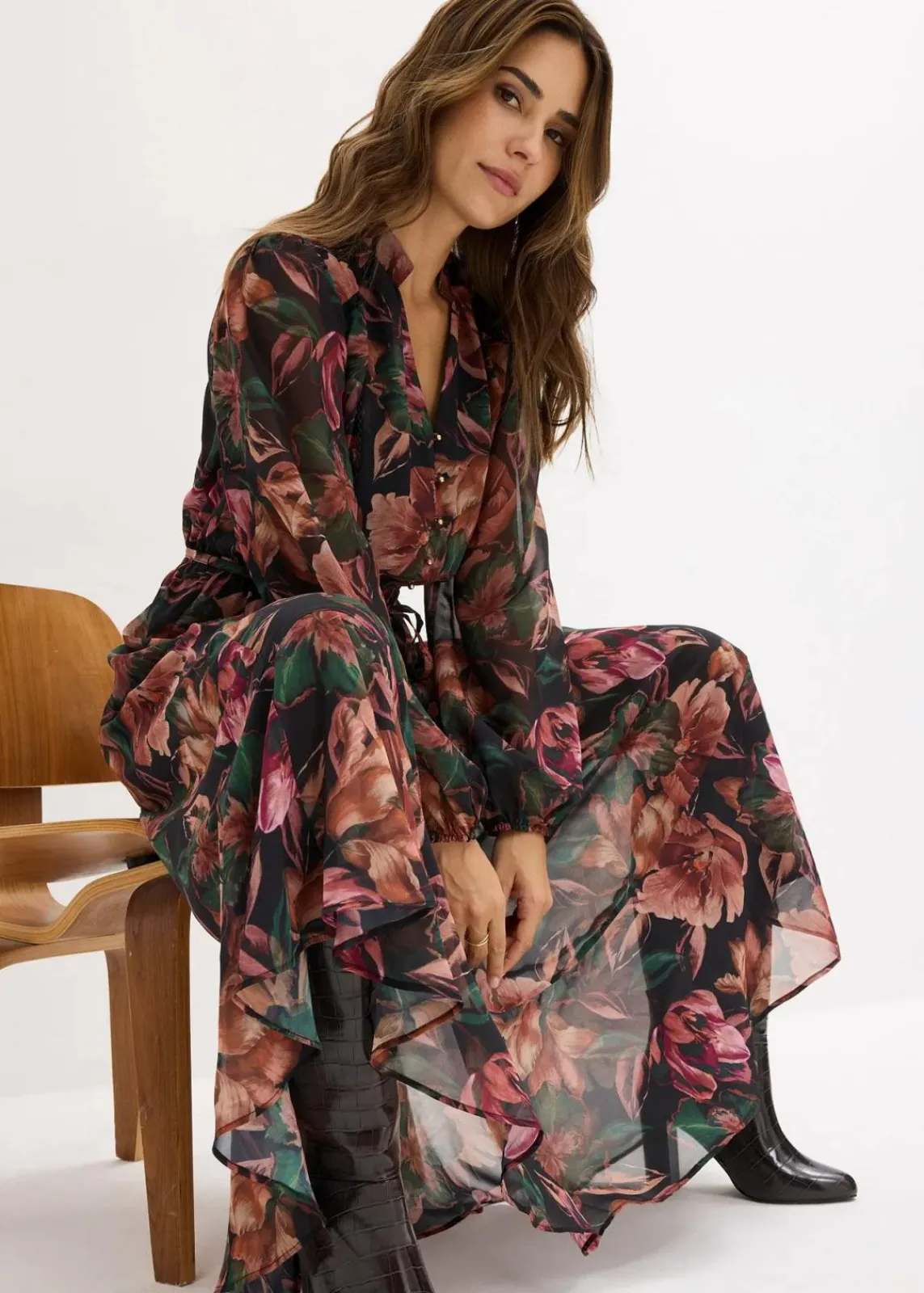 bonprix Kurzgrößen|Kurzgrößen^Chiffonkleid schwarz floral