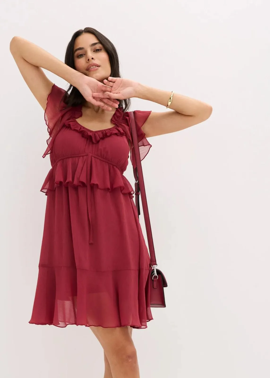 bonprix Bekleidung·Pullover & Strickjacken|Kleider^Chiffonkleid in A-Linie pflaumenrot