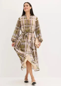 bonprix Bekleidung·Pullover & Strickjacken^Chiffonkleid mit Bindeband naturbeige/olivgrün kariert