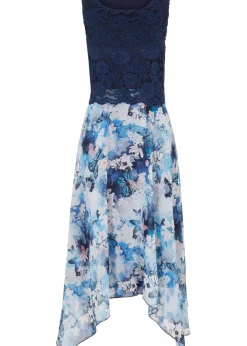 bonprix Festliche Mode|Kleider^Chiffonkleid mit feiner Spitze dunkelblau geblümt