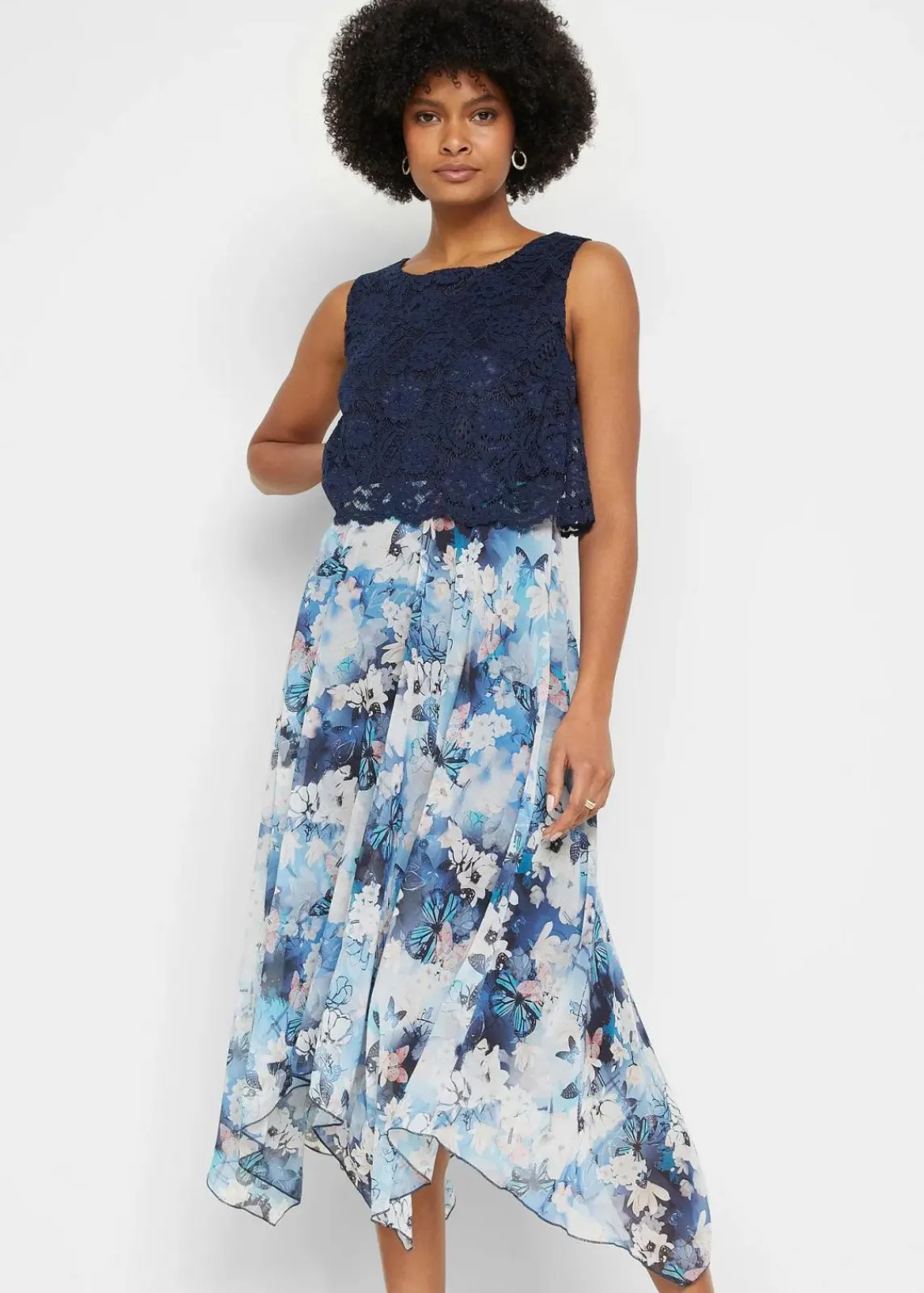 bonprix Festliche Mode|Kleider^Chiffonkleid mit feiner Spitze dunkelblau geblümt