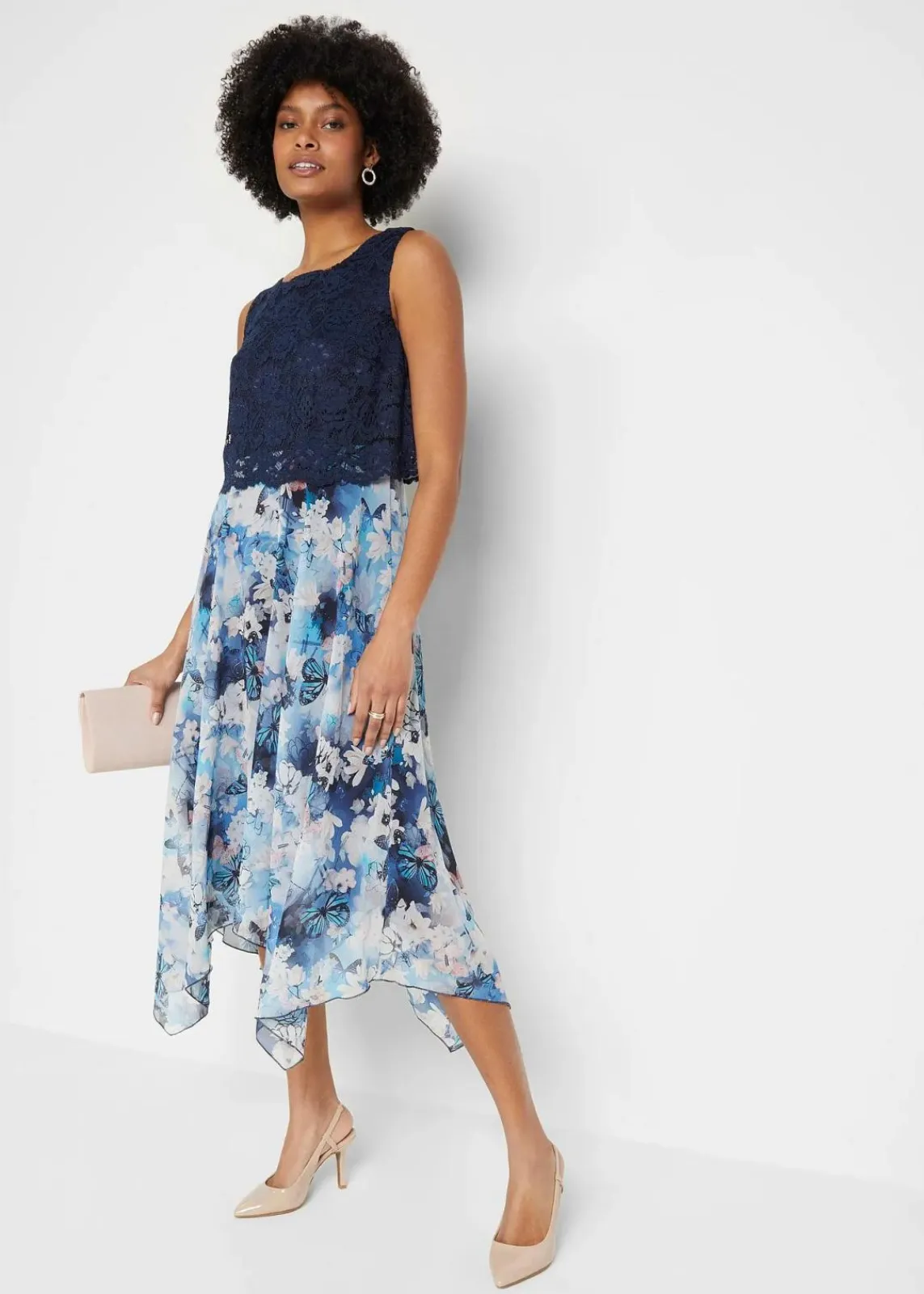 bonprix Festliche Mode|Kleider^Chiffonkleid mit feiner Spitze dunkelblau geblümt