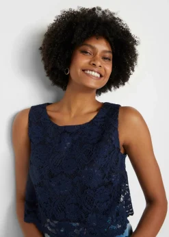 bonprix Festliche Mode|Kleider^Chiffonkleid mit feiner Spitze dunkelblau geblümt