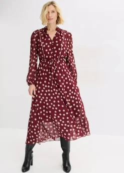bonprix Kleider|Bekleidung·Pullover & Strickjacken^Chiffonkleid mit Kontrast-Pipings rubinrot/hellsand gepunktet