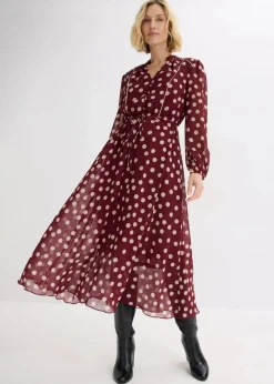 bonprix Kleider|Bekleidung·Pullover & Strickjacken^Chiffonkleid mit Kontrast-Pipings rubinrot/hellsand gepunktet