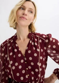 bonprix Kleider|Bekleidung·Pullover & Strickjacken^Chiffonkleid mit Kontrast-Pipings rubinrot/hellsand gepunktet