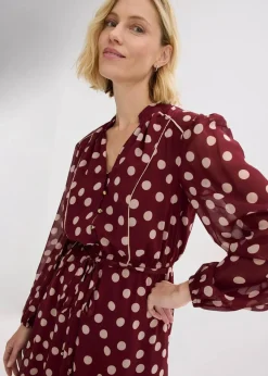 bonprix Kleider|Bekleidung·Pullover & Strickjacken^Chiffonkleid mit Kontrast-Pipings rubinrot/hellsand gepunktet
