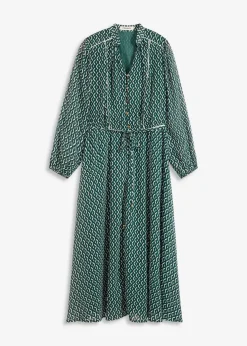 bonprix Bekleidung·Pullover & Strickjacken|Kleider^Chiffonkleid mit Kontrast-Pipings schwarz/waldgrün/wollweiß graphisch bedruckt