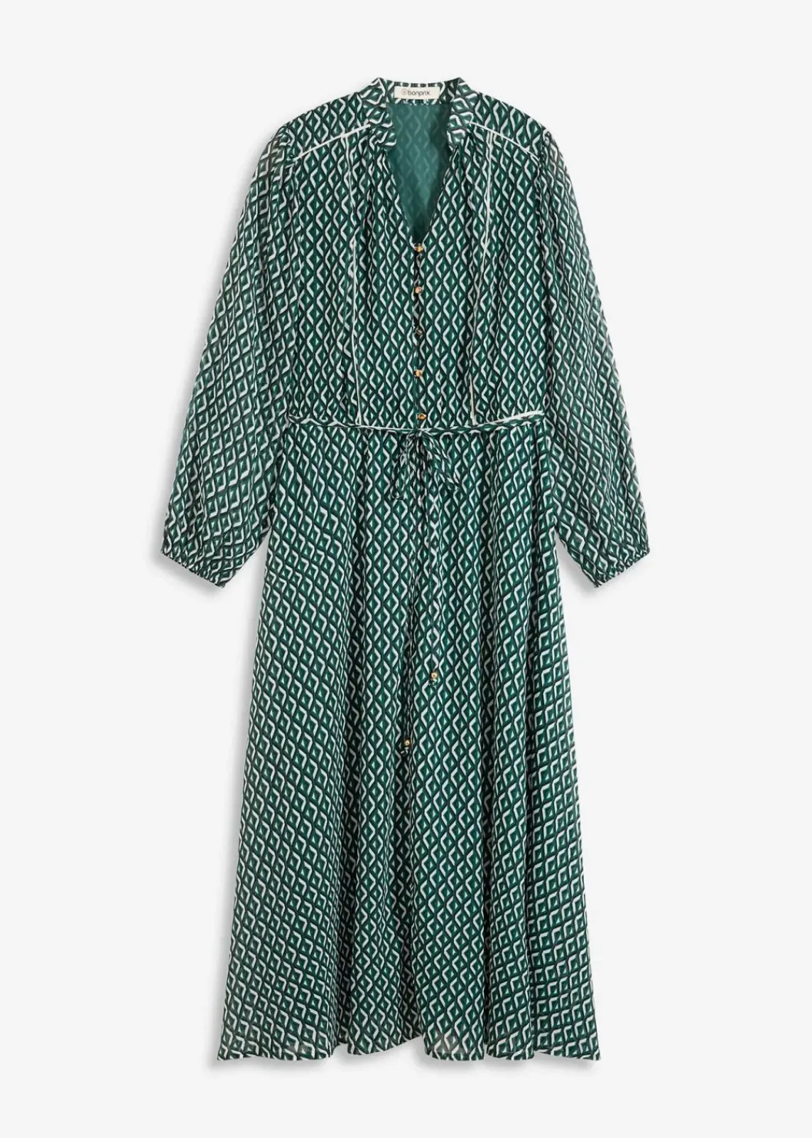 bonprix Bekleidung·Pullover & Strickjacken|Kleider^Chiffonkleid mit Kontrast-Pipings schwarz/waldgrün/wollweiß graphisch bedruckt