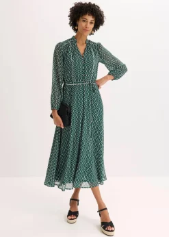 bonprix Bekleidung·Pullover & Strickjacken|Kleider^Chiffonkleid mit Kontrast-Pipings schwarz/waldgrün/wollweiß graphisch bedruckt
