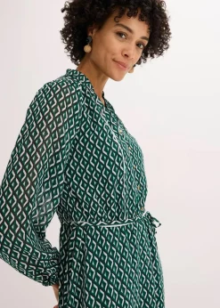 bonprix Bekleidung·Pullover & Strickjacken|Kleider^Chiffonkleid mit Kontrast-Pipings schwarz/waldgrün/wollweiß graphisch bedruckt