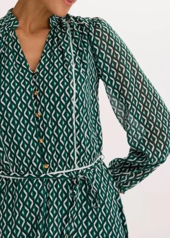 bonprix Bekleidung·Pullover & Strickjacken|Kleider^Chiffonkleid mit Kontrast-Pipings schwarz/waldgrün/wollweiß graphisch bedruckt