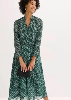 bonprix Bekleidung·Pullover & Strickjacken|Kleider^Chiffonkleid mit Kontrast-Pipings schwarz/waldgrün/wollweiß graphisch bedruckt