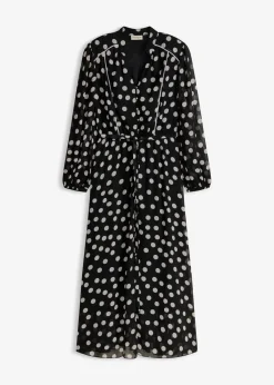 bonprix Bekleidung·Pullover & Strickjacken|Kleider^Chiffonkleid mit Kontrast-Pipings schwarz/wollweiß gepunktet