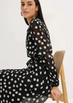 bonprix Bekleidung·Pullover & Strickjacken|Kleider^Chiffonkleid mit Kontrast-Pipings schwarz/wollweiß gepunktet
