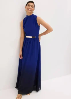 bonprix Bekleidung·Pullover & Strickjacken|Festliche Mode^Chiffonkleid mit Kragen und Accessoire blau/schwarz bedruckt