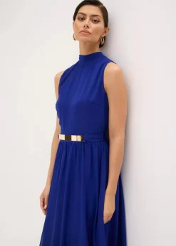 bonprix Bekleidung·Pullover & Strickjacken|Festliche Mode^Chiffonkleid mit Kragen und Accessoire blau/schwarz bedruckt