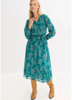 bonprix Kleider|Bekleidung·Pullover & Strickjacken^Chiffonkleid mit Paisley-Druck dunkelsmaragd/dunkelfuchsia paisley