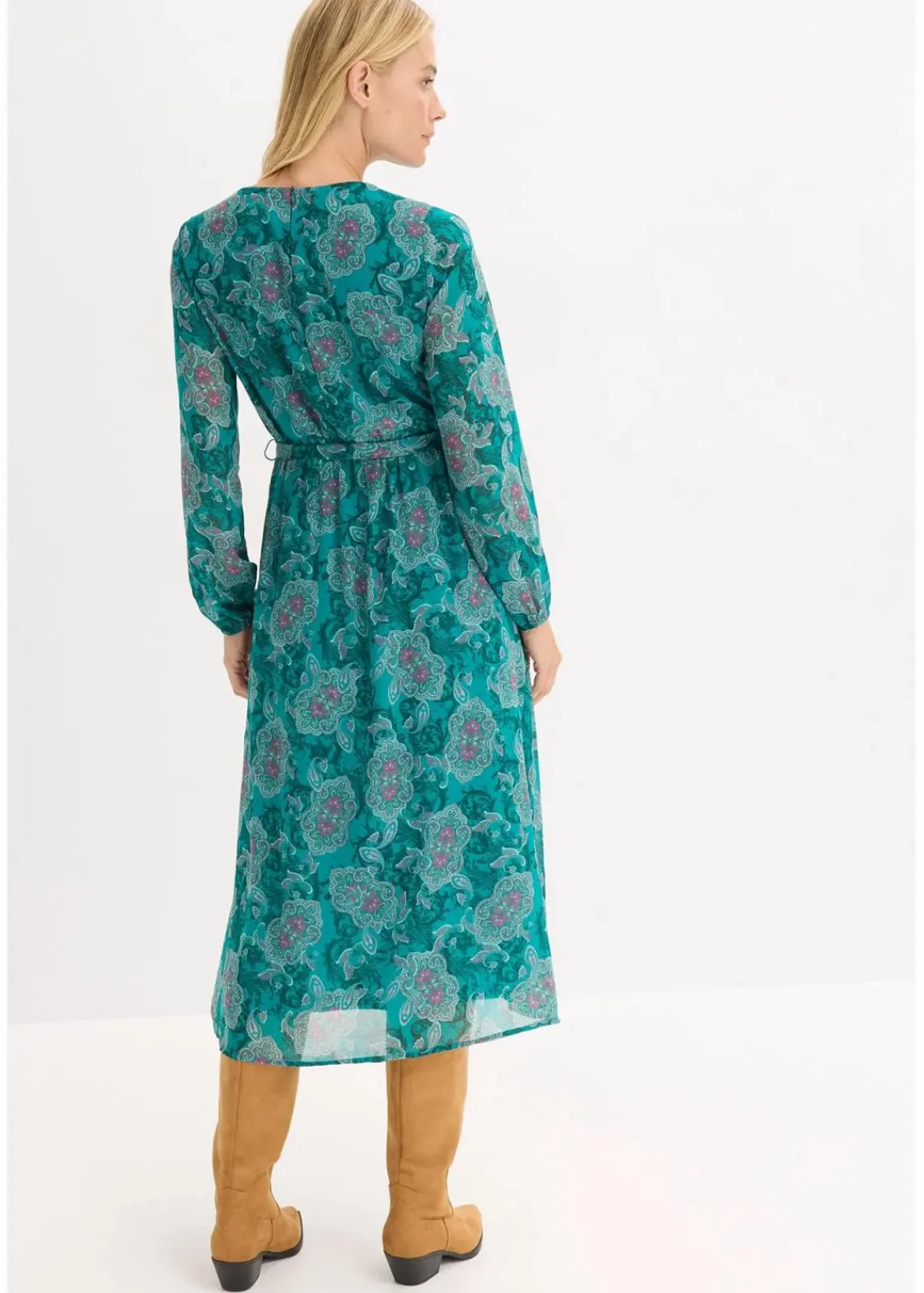 bonprix Kleider|Bekleidung·Pullover & Strickjacken^Chiffonkleid mit Paisley-Druck dunkelsmaragd/dunkelfuchsia paisley
