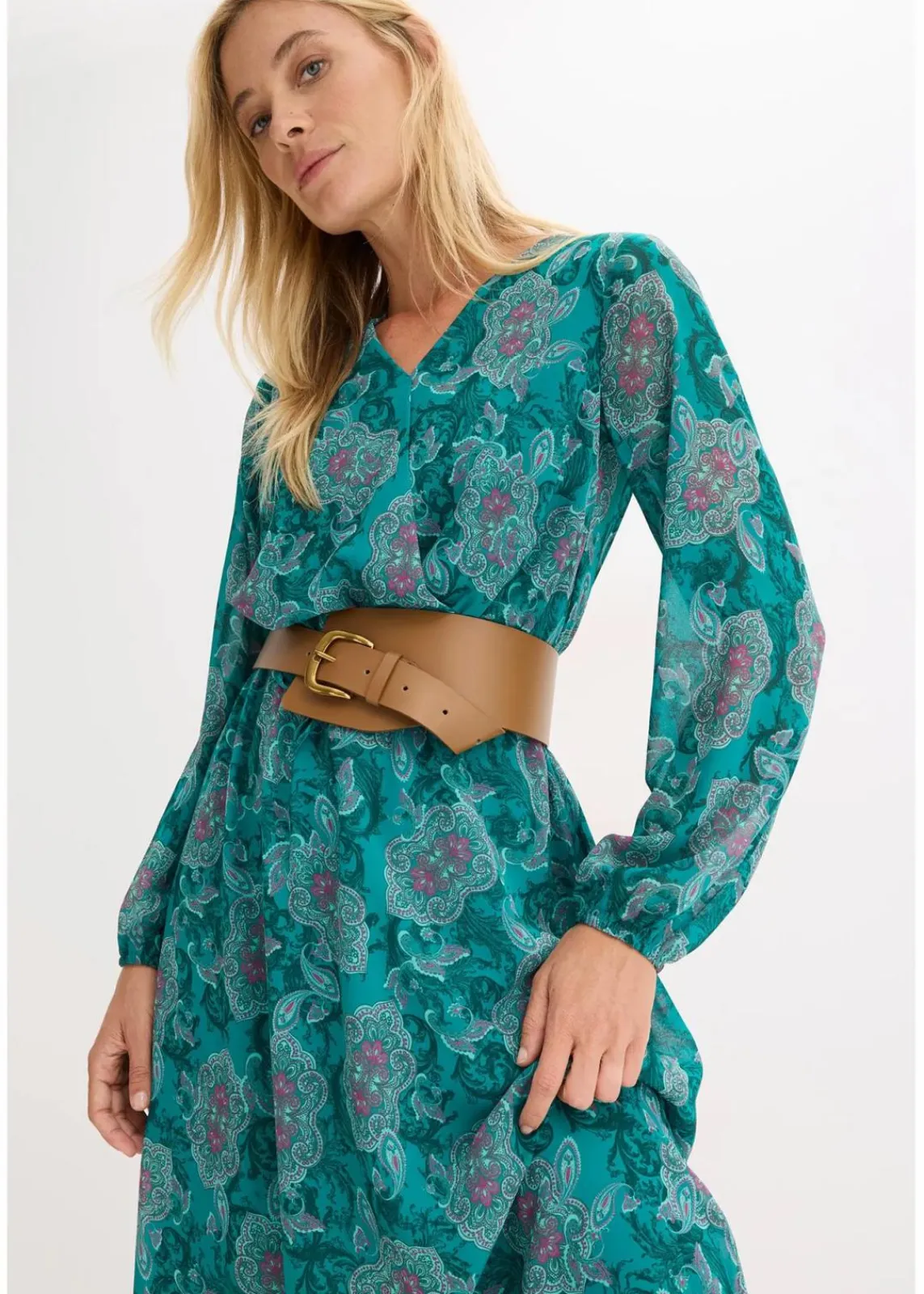 bonprix Kleider|Bekleidung·Pullover & Strickjacken^Chiffonkleid mit Paisley-Druck dunkelsmaragd/dunkelfuchsia paisley
