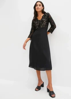 bonprix Bekleidung·Pullover & Strickjacken|Festliche Mode^Chiffonkleid mit Spitze schwarz
