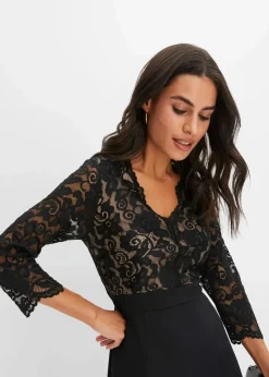 bonprix Bekleidung·Pullover & Strickjacken|Festliche Mode^Chiffonkleid mit Spitze schwarz
