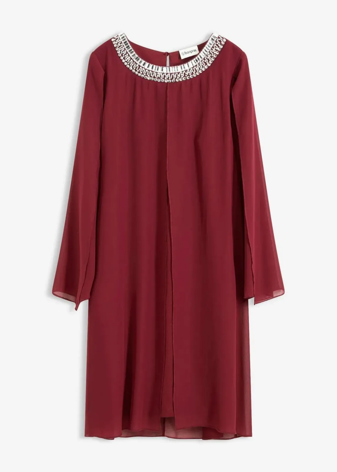 bonprix Bekleidung·Pullover & Strickjacken|Festliche Mode^Chiffonkleid mit Strassstein-Applikation rubinrot