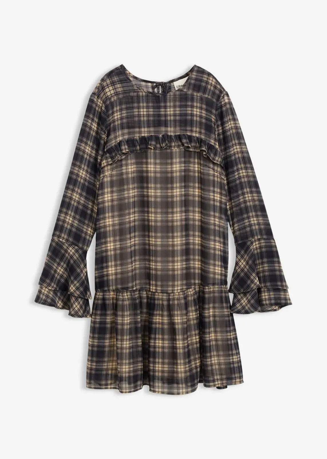 bonprix Bekleidung·Pullover & Strickjacken|Kleider^Chiffonkleid mit Volants schwarz kariert