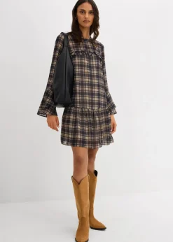 bonprix Bekleidung·Pullover & Strickjacken|Kleider^Chiffonkleid mit Volants schwarz kariert