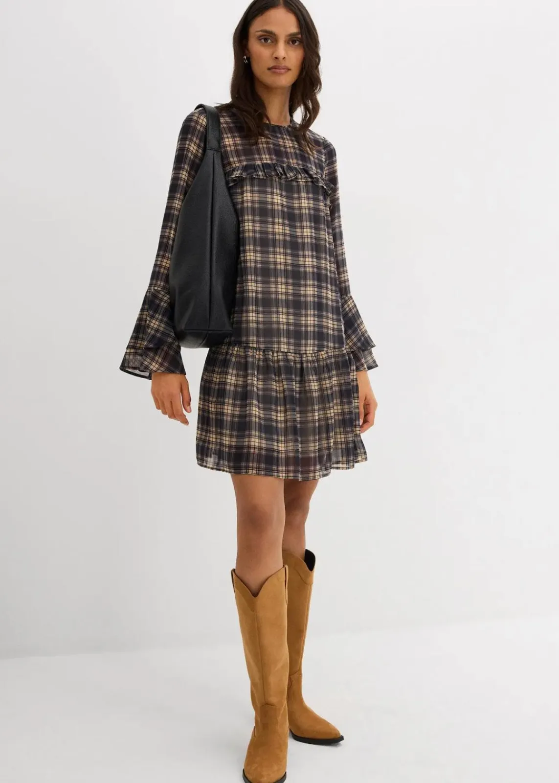 bonprix Bekleidung·Pullover & Strickjacken|Kleider^Chiffonkleid mit Volants schwarz kariert