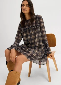 bonprix Bekleidung·Pullover & Strickjacken|Kleider^Chiffonkleid mit Volants schwarz kariert