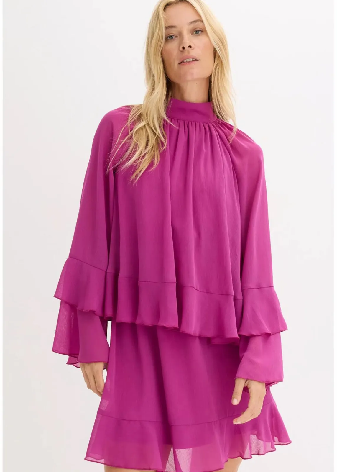 bonprix Bekleidung·Pullover & Strickjacken|Kleider^Chiffonkleid mit Volants dunkelfuchsia