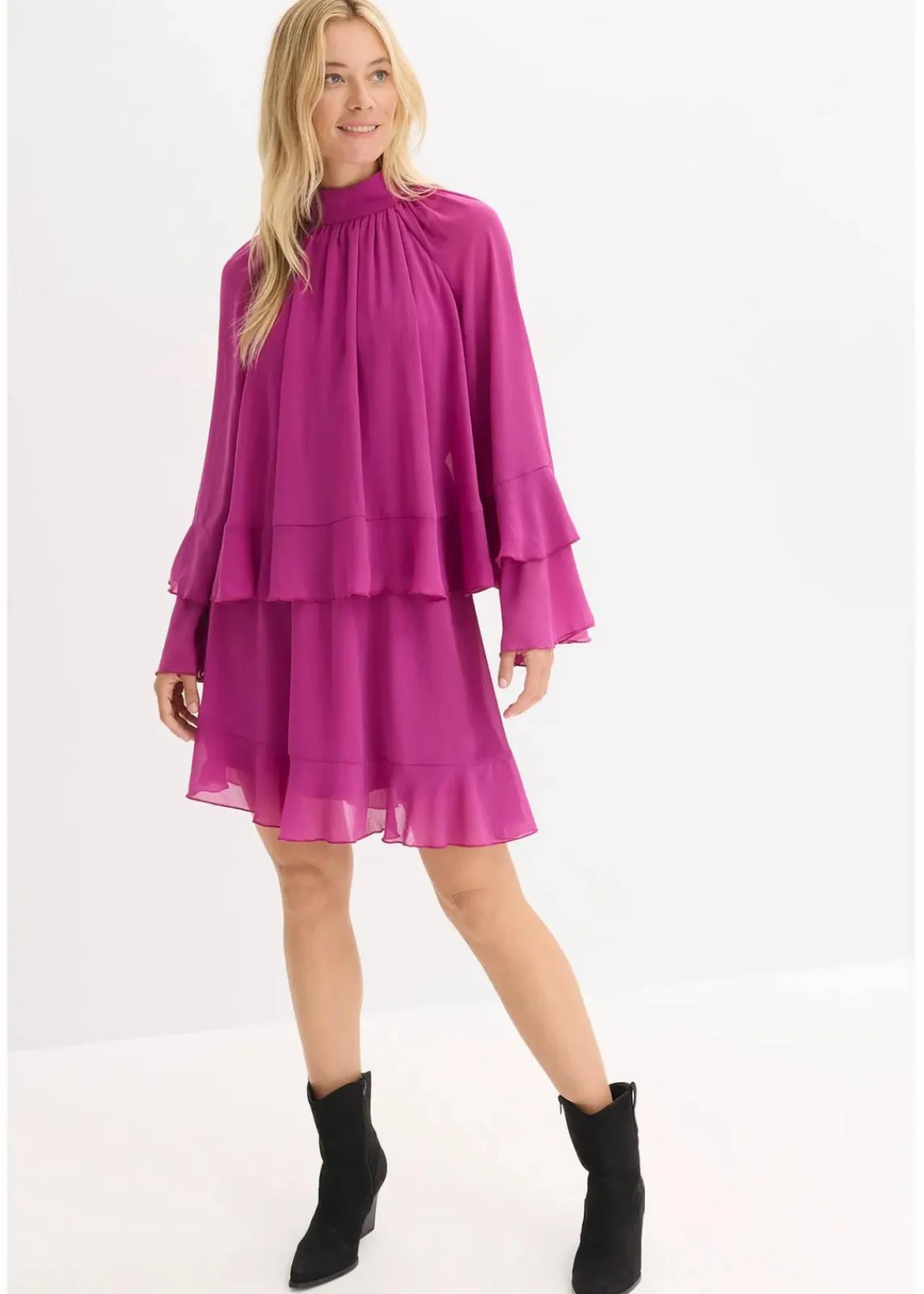 bonprix Bekleidung·Pullover & Strickjacken|Kleider^Chiffonkleid mit Volants dunkelfuchsia