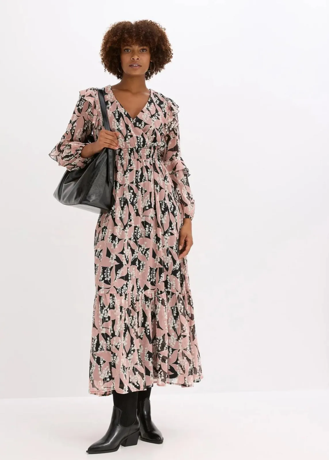 bonprix Bekleidung·Pullover & Strickjacken|Kleider^Chiffonkleid mit Volants schwarz/rosenholz floral