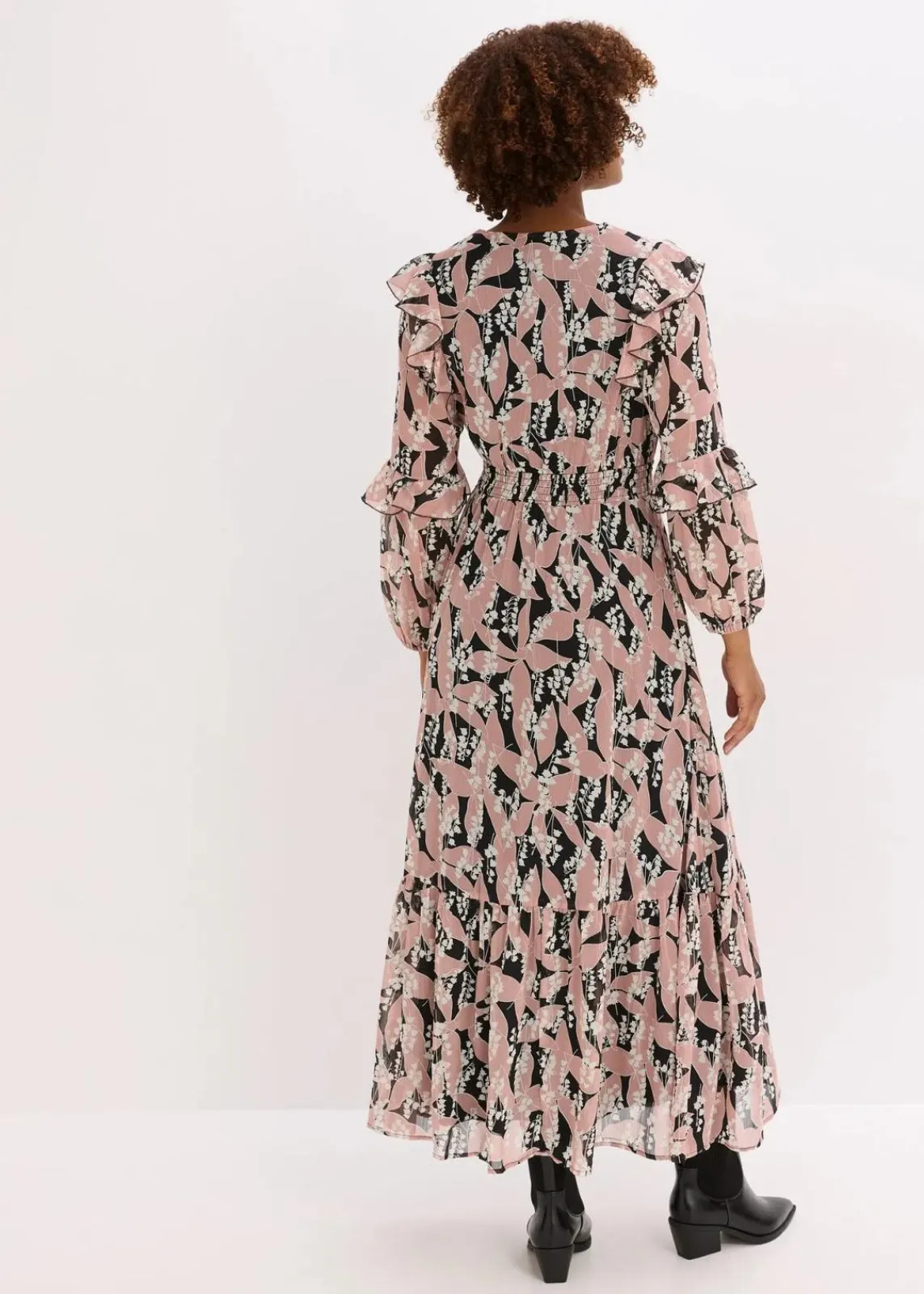 bonprix Bekleidung·Pullover & Strickjacken|Kleider^Chiffonkleid mit Volants schwarz/rosenholz floral