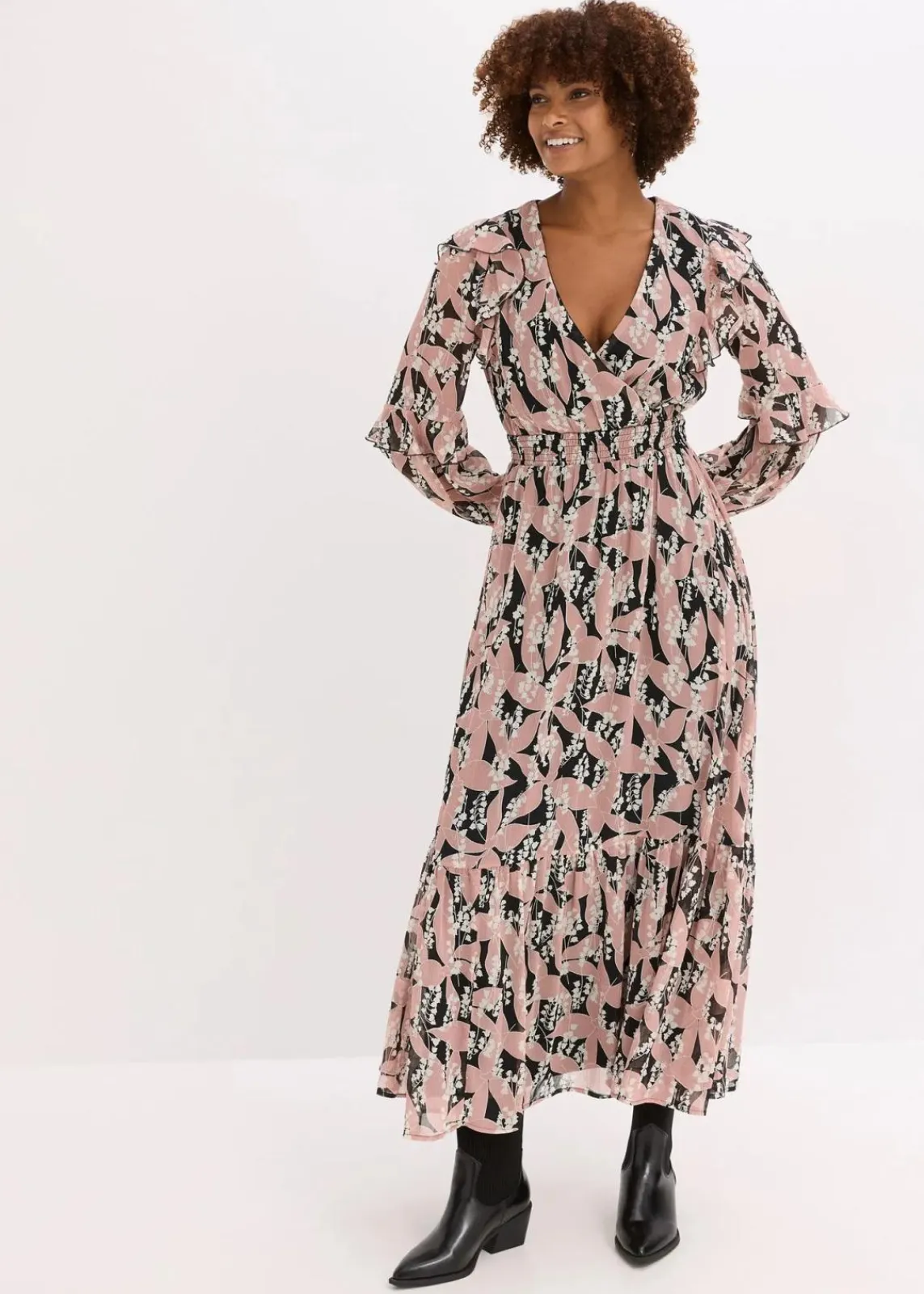 bonprix Bekleidung·Pullover & Strickjacken|Kleider^Chiffonkleid mit Volants schwarz/rosenholz floral