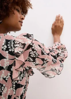 bonprix Bekleidung·Pullover & Strickjacken|Kleider^Chiffonkleid mit Volants schwarz/rosenholz floral